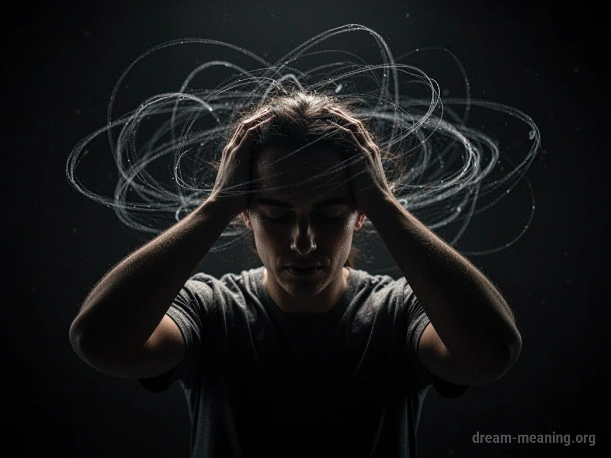Silhouette of a person clutching their head with swirling lines.