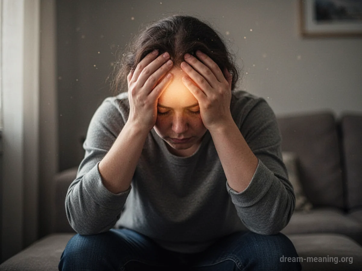 Person holding their head with a warm glow on their forehead.