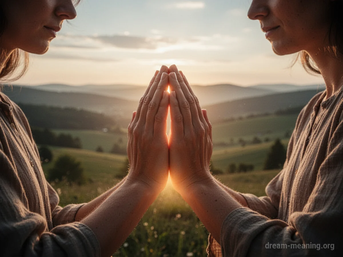 Hands clasped in prayer with a soft light radiating from them.