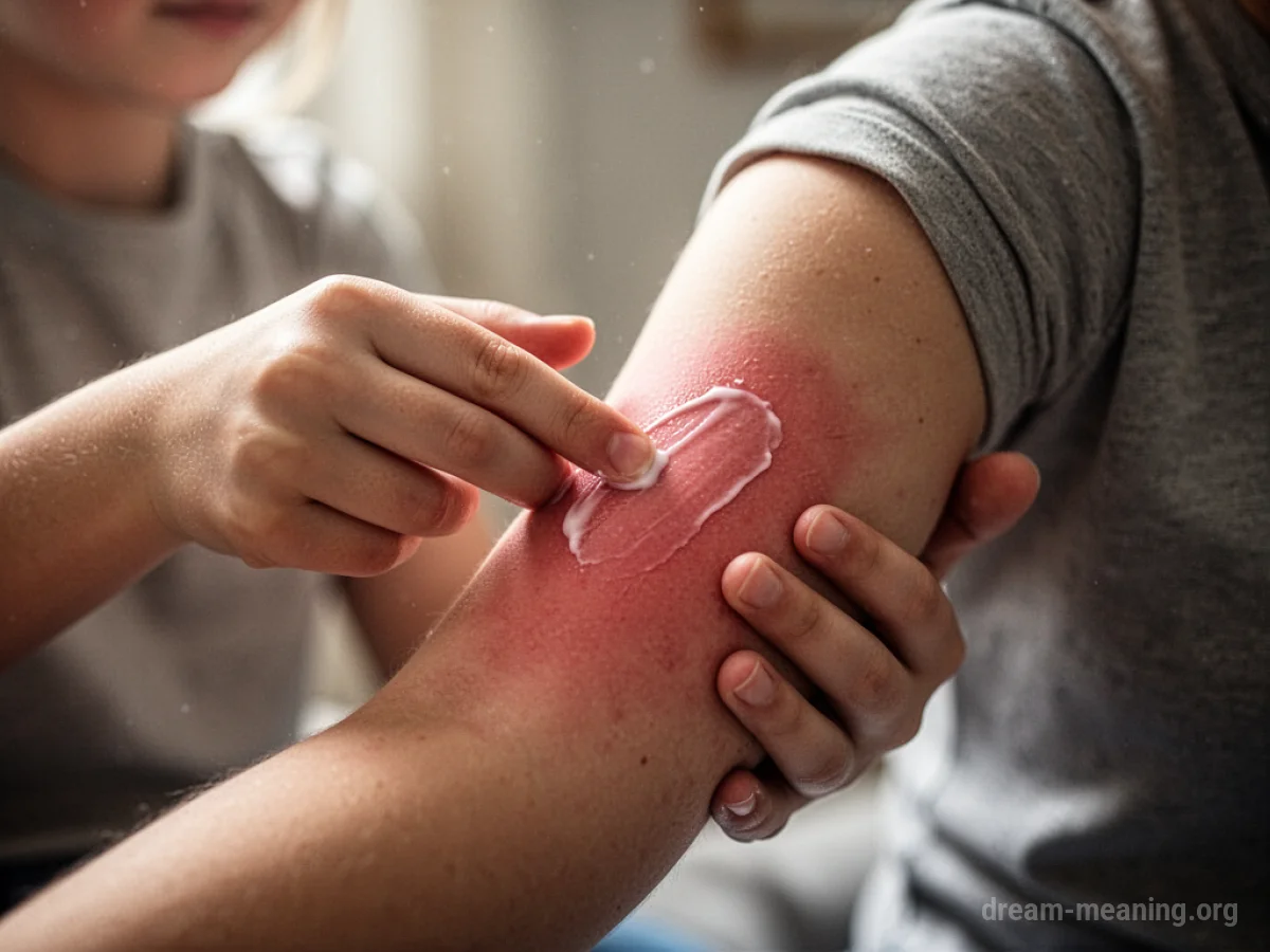 A hand applying a white cream to a slightly red area on an arm.