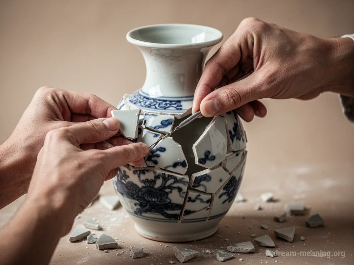 Hands assembling pieces of a broken ceramic vase.