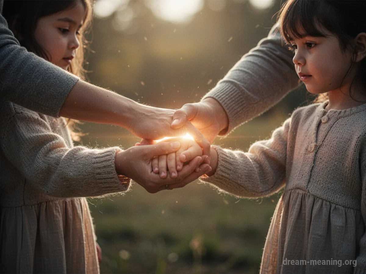 Parent's hand holding a child's hand with soft light.