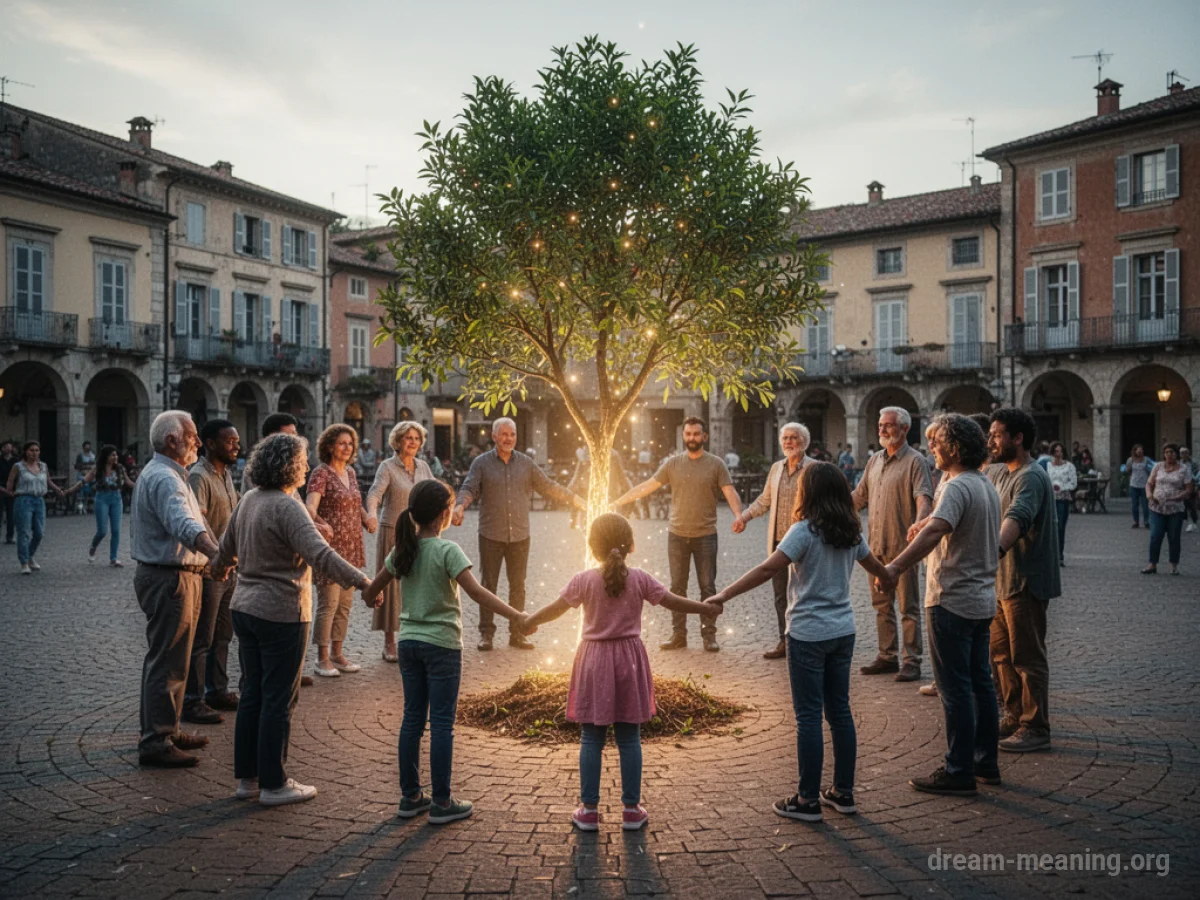 People holding hands in a circle around a vibrant tree in a town square.