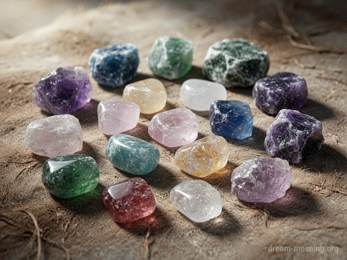 Assorted polished crystals arranged on a textured surface.