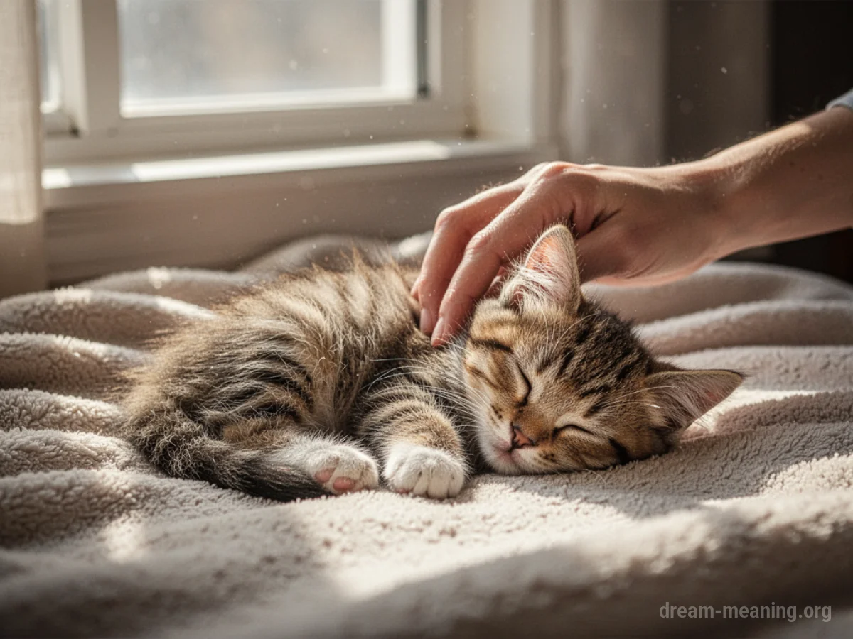 A person's hand gently touching a sleeping cat.