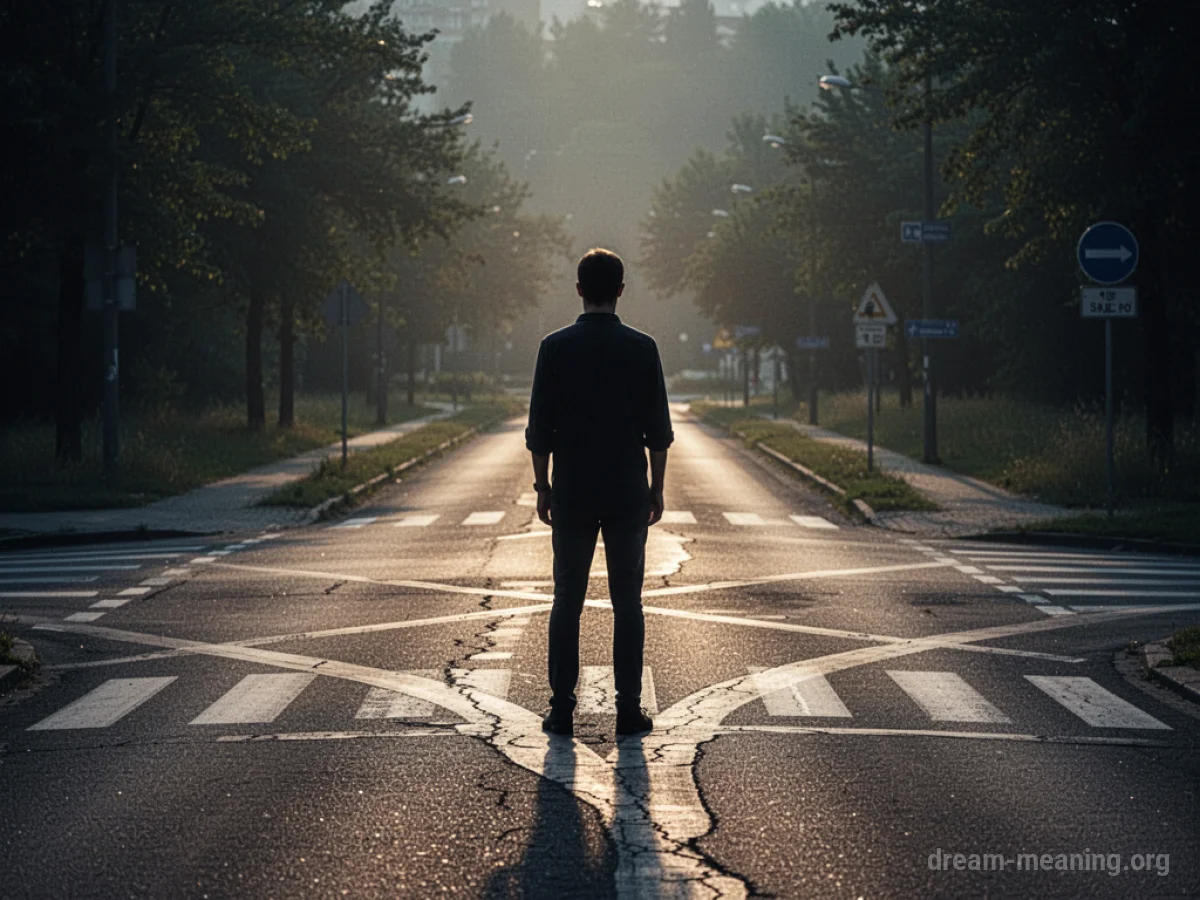 Silhouette of a person standing at a crossroads with a lit path.