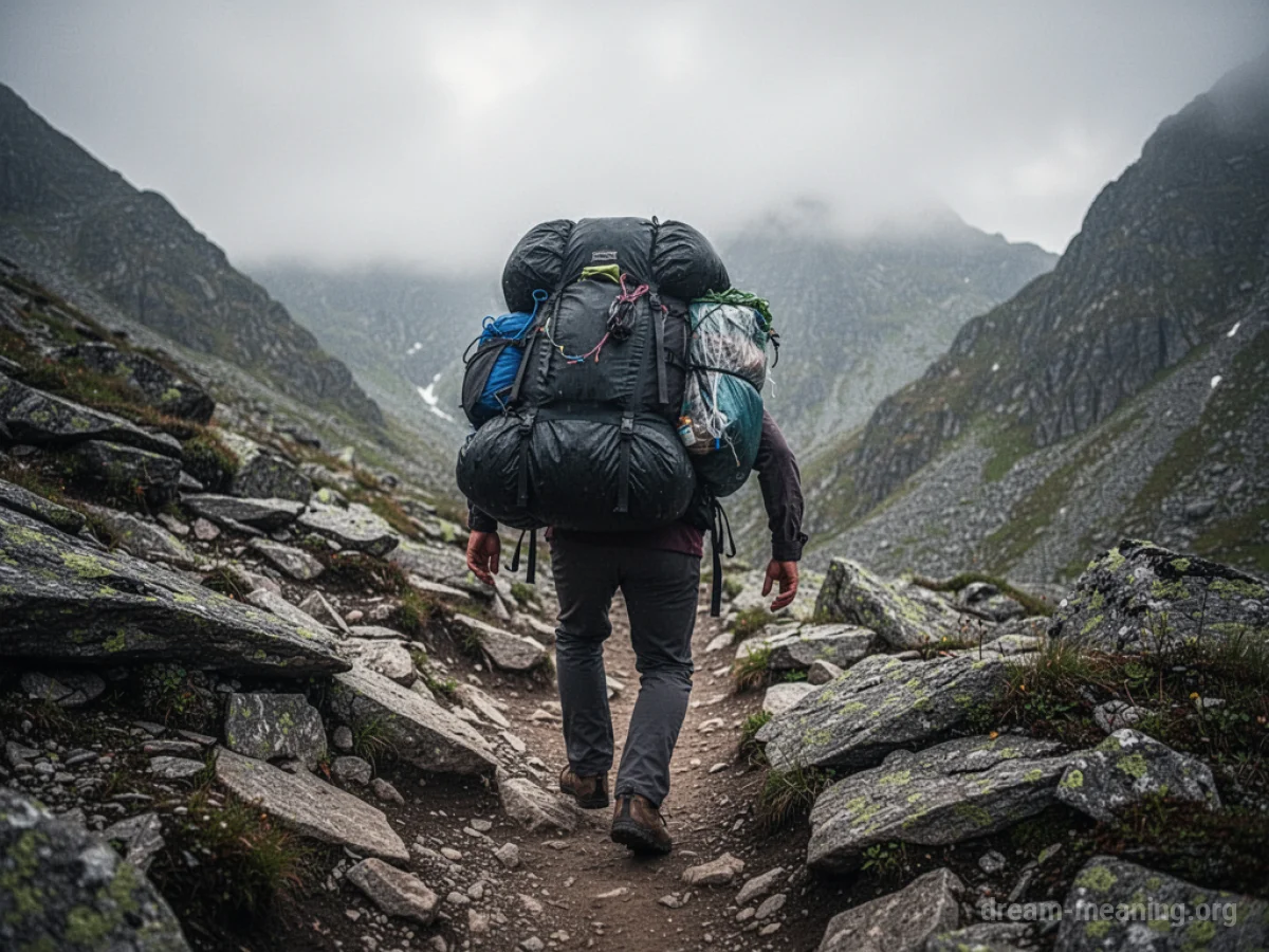 Silhouette of a person carrying a large backpack on a steep mountain path.