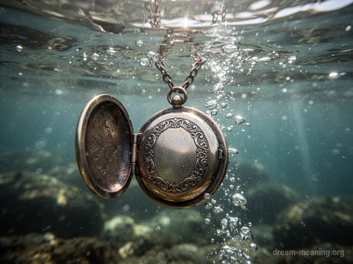 An old locket resting at the bottom of a body of clear water.