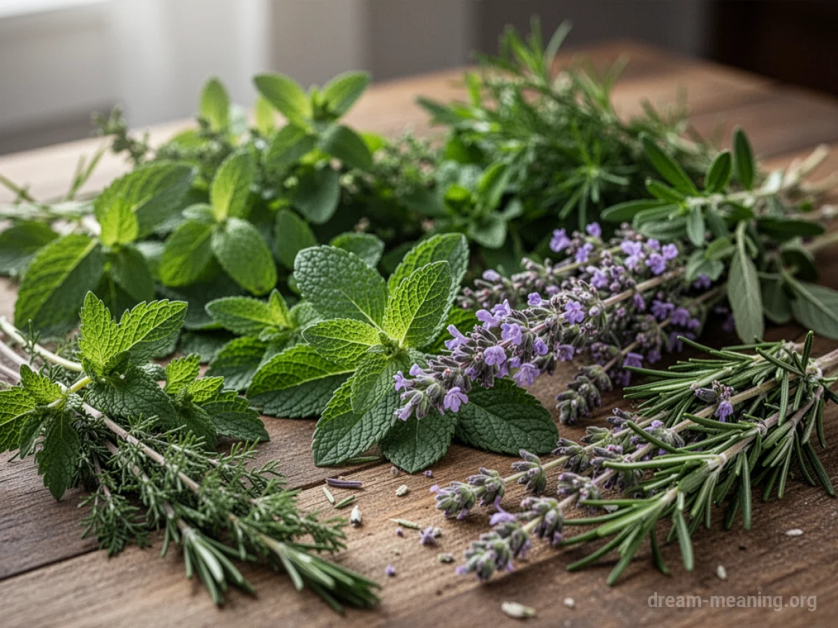 A collection of fresh herbs and plants on a wooden table.