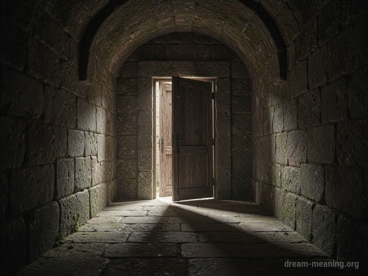 A narrow, dark corridor ending at a partially open wooden door.