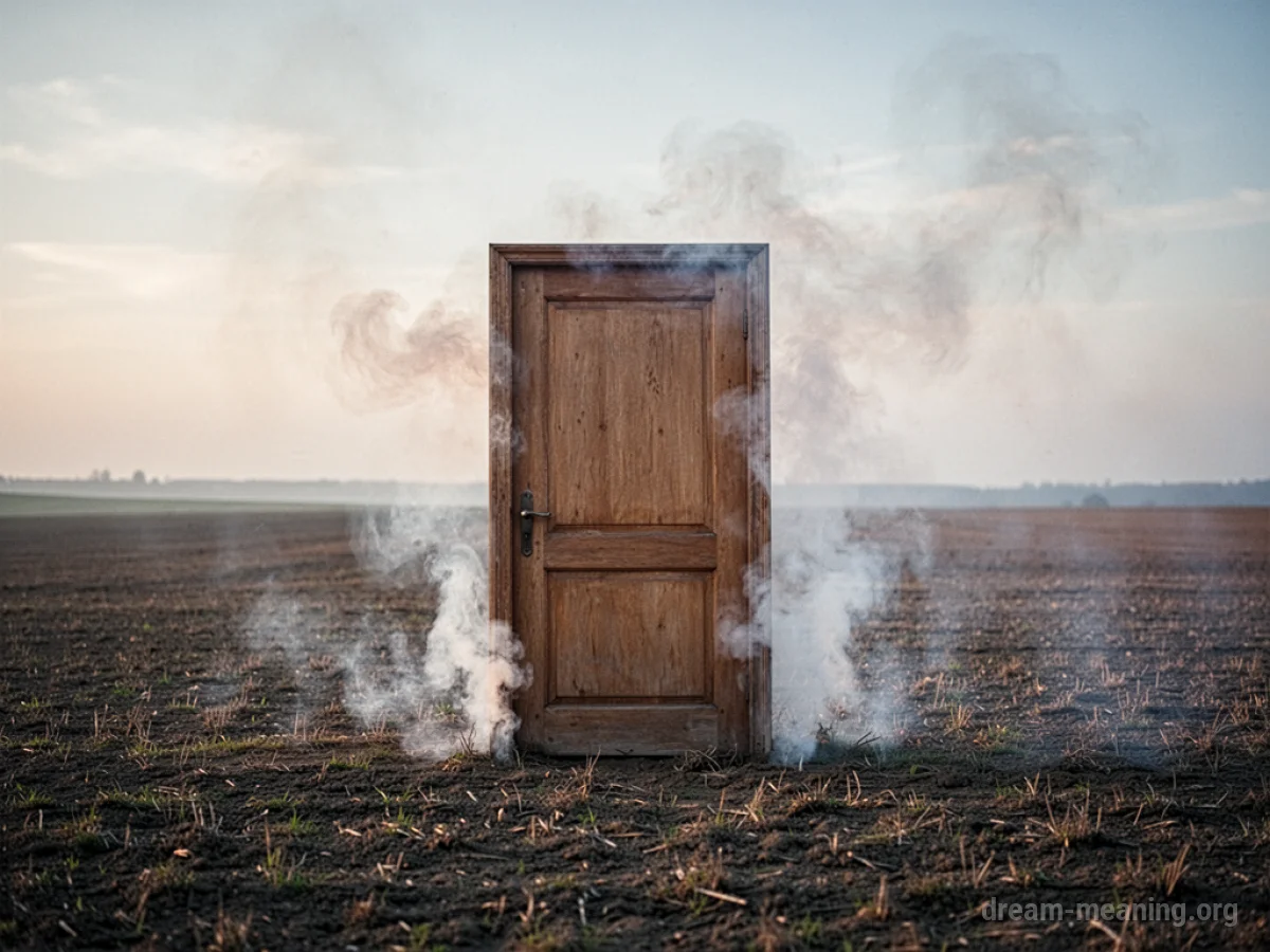 A door in an empty field with foggy edges.