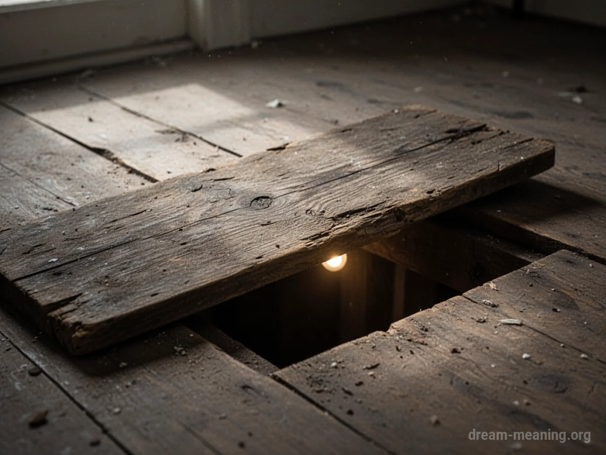 A section of wooden floorboards lifted to reveal a dark opening.