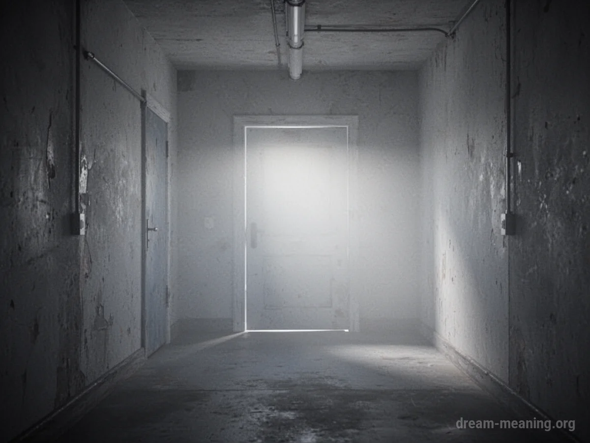 A dimly lit corridor with a faint outline of a door.