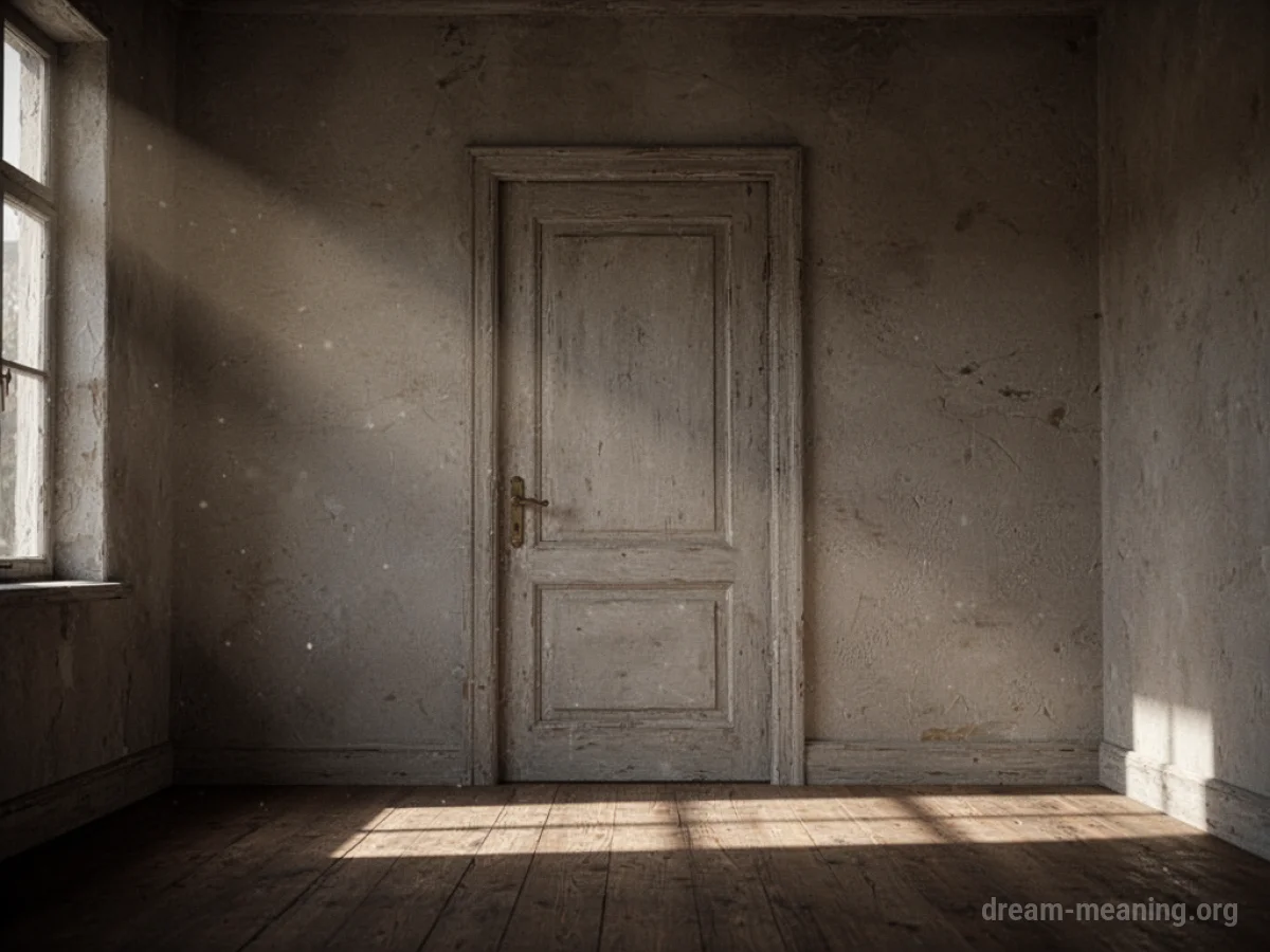 A barely visible door outline on an interior wall in a dimly lit room.