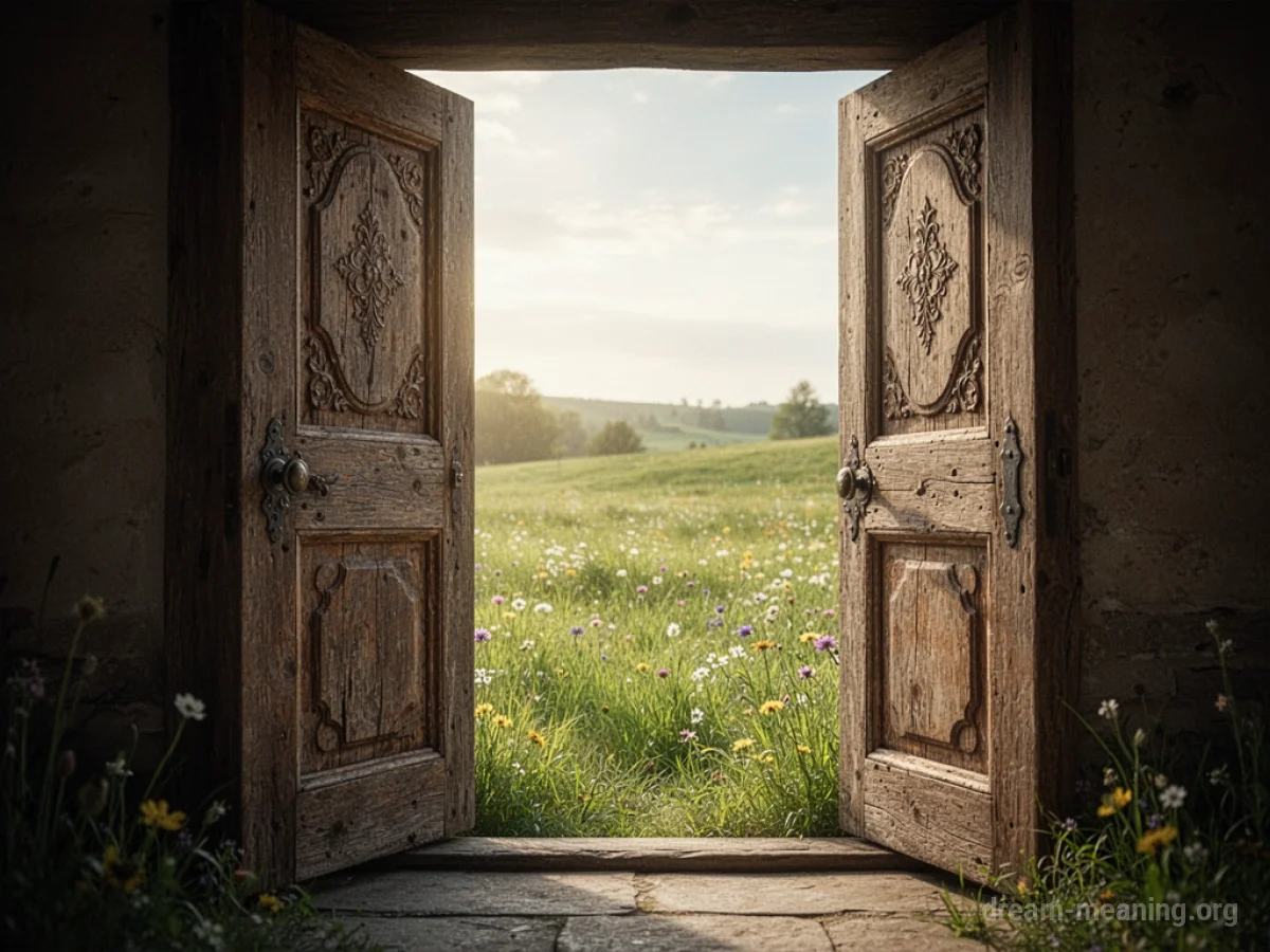 A wooden door slightly ajar, with bright light emanating from the opening.