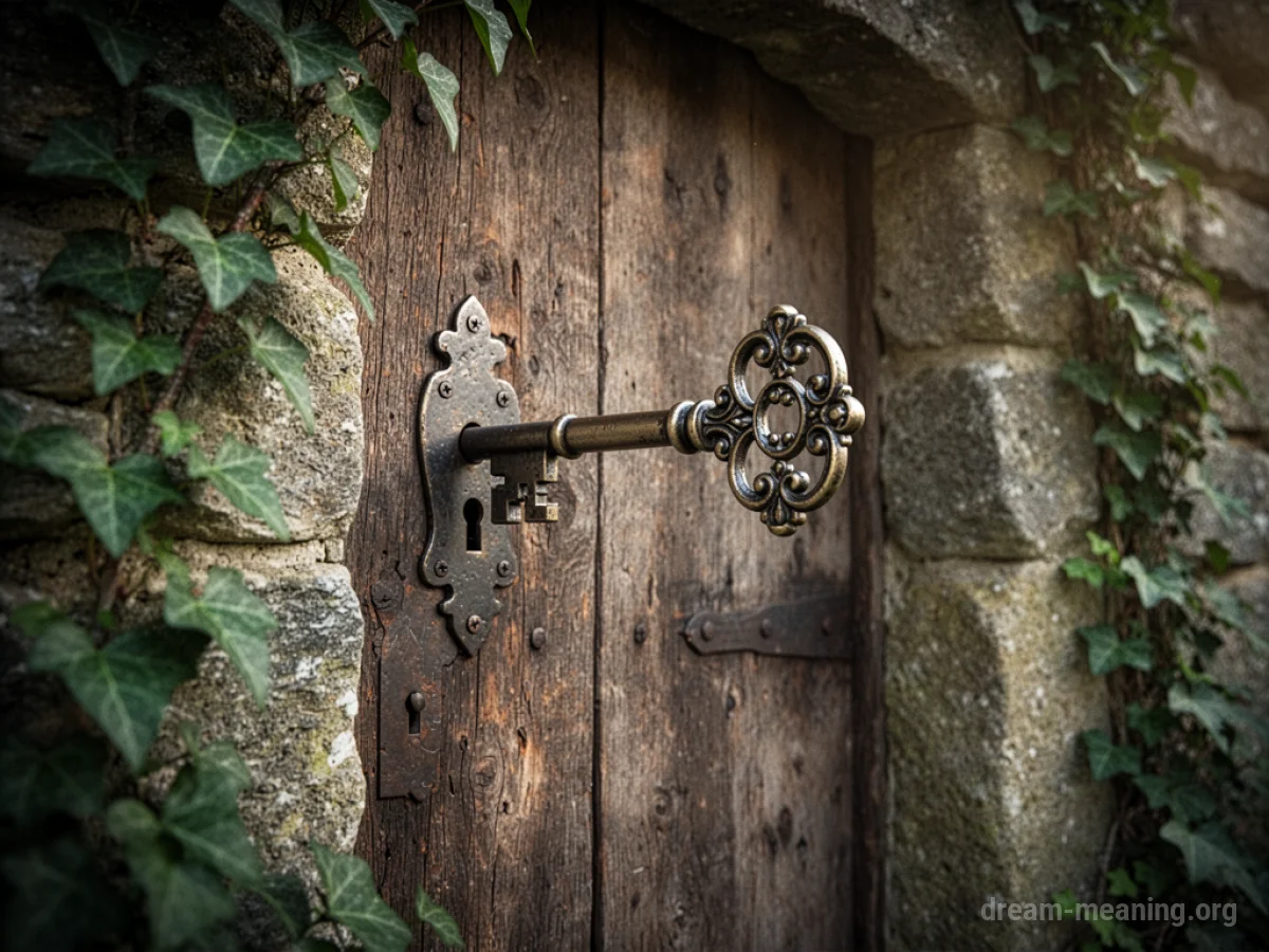 A key is inserted into the lock of a rustic wooden door.