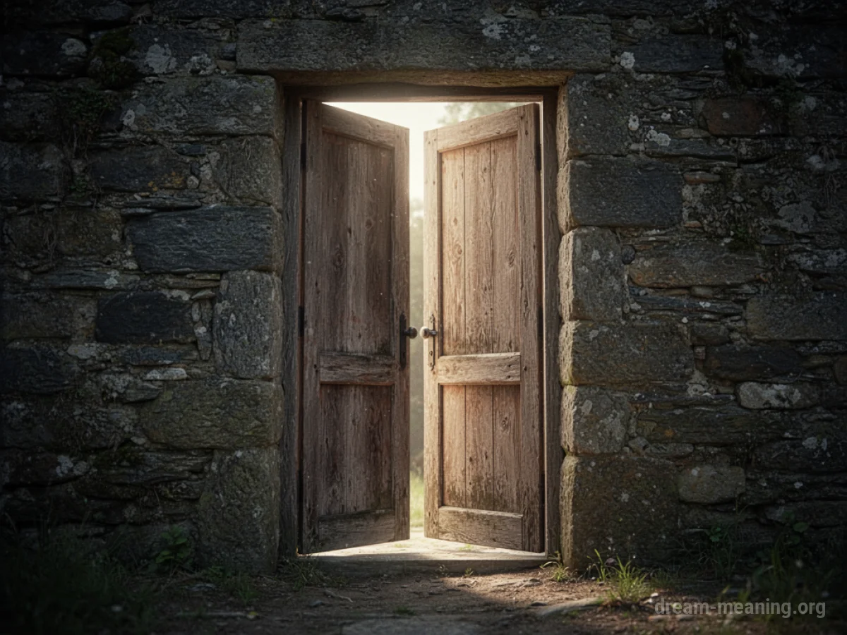 A wooden door in a stone wall, slightly open with light shining through.