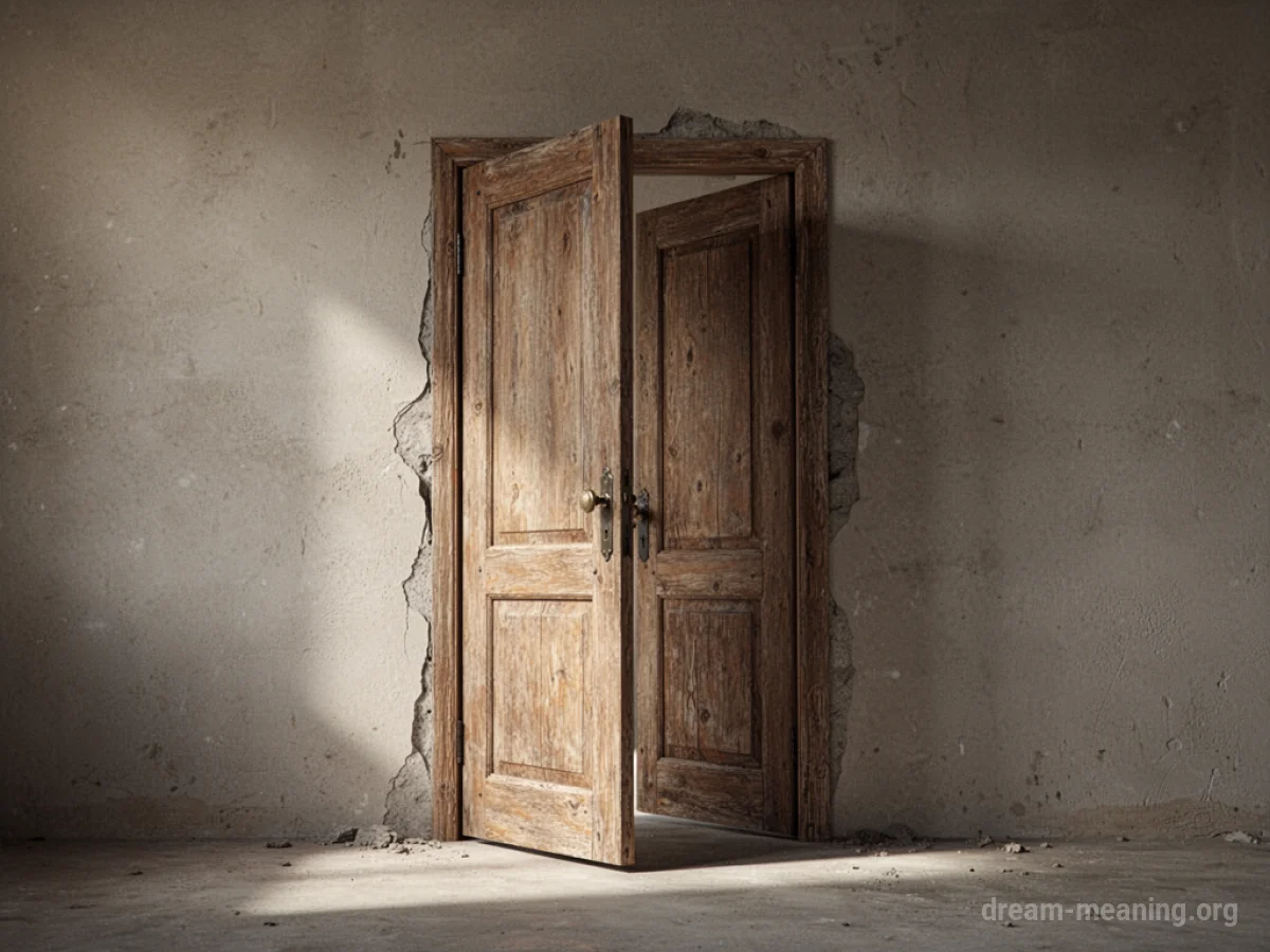 A wooden door materializing in a solid wall.