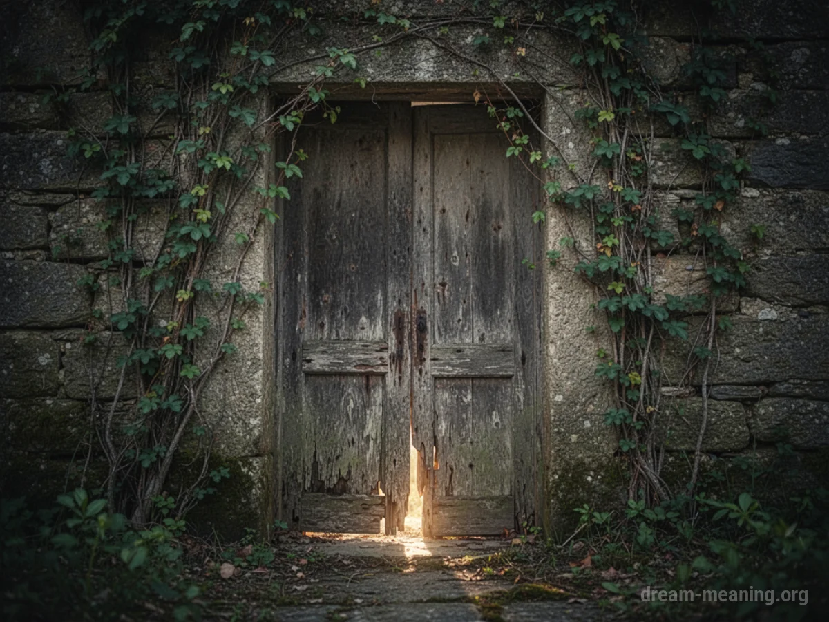 A partially hidden wooden door set into a stone wall with vines.