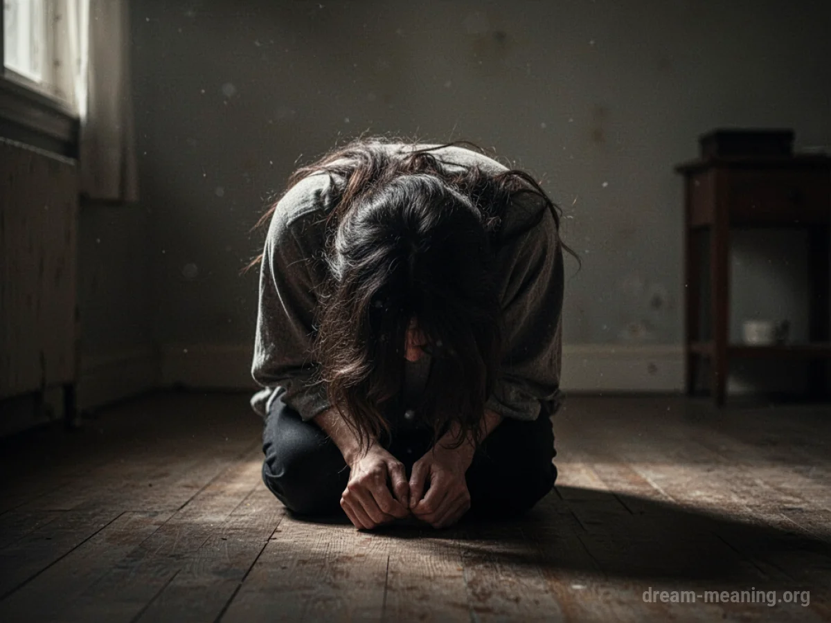 A person is hunched over, crying, with their back to the viewer.