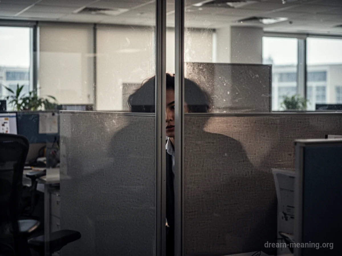 Silhouette of a person peeking from behind an office cubicle.