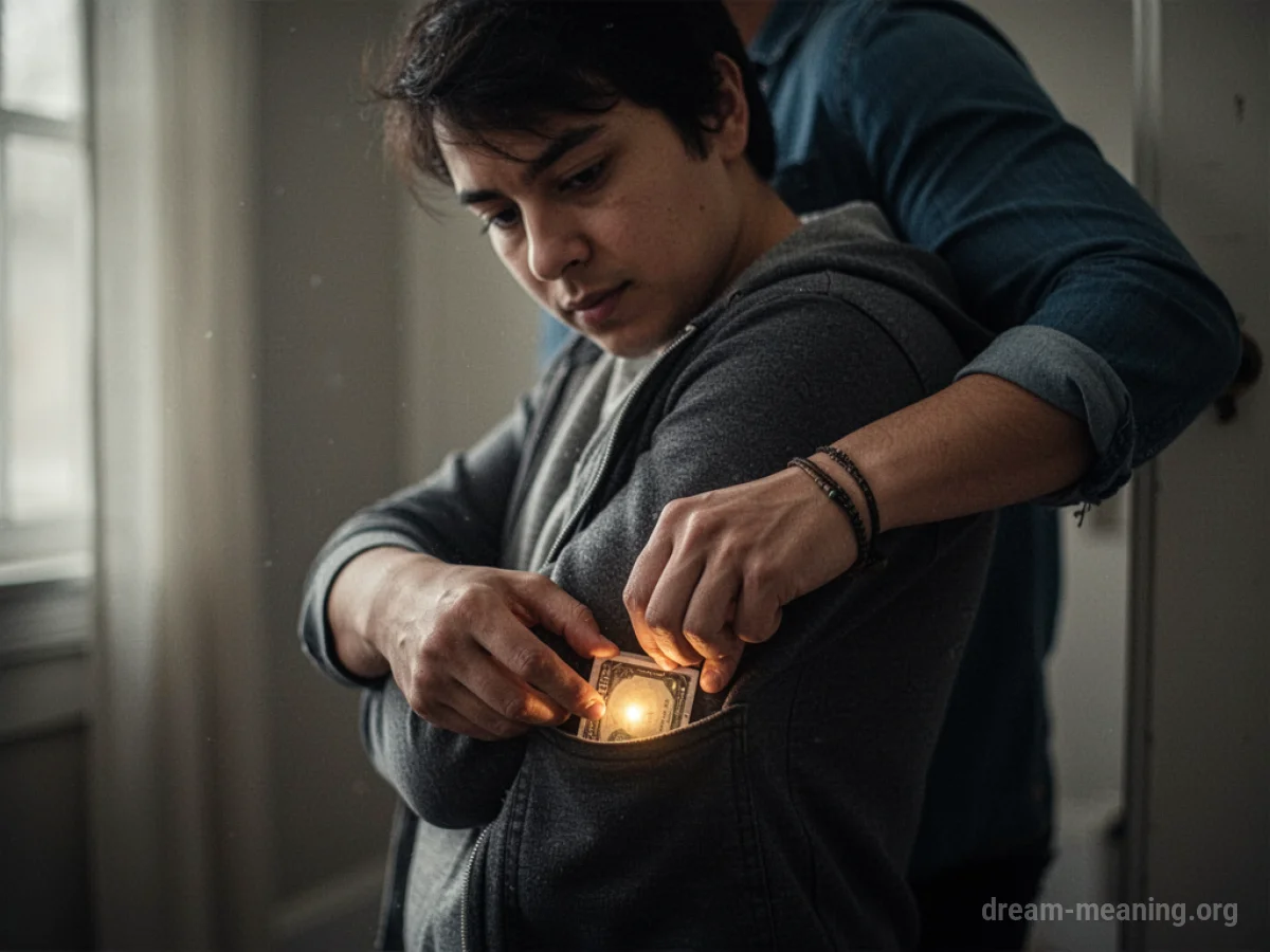 A person discreetly placing a small, glowing object into their pocket while looking behind them.