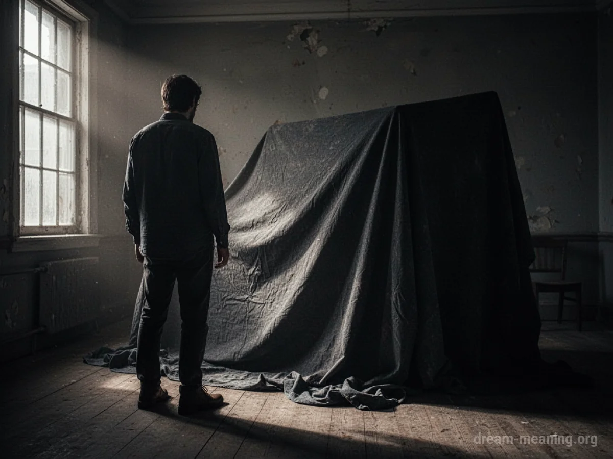 A person standing with their back to the viewer, near a large object covered by a sheet in a dark room.