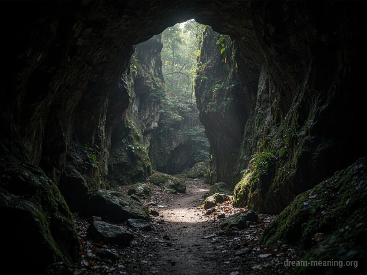 A person's silhouette standing just inside the mouth of a dark cave.