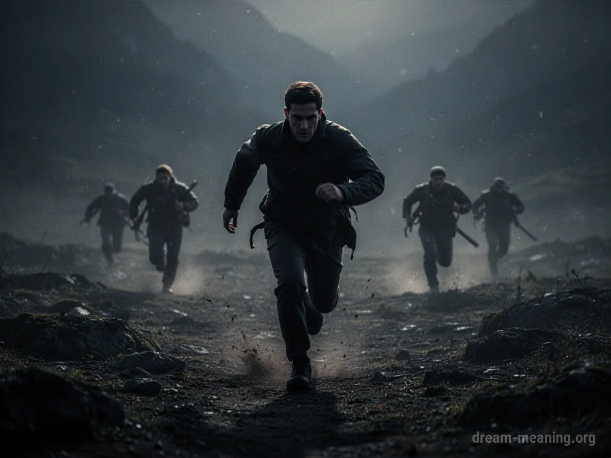 Silhouette of a person running away with blurred shapes in the background.