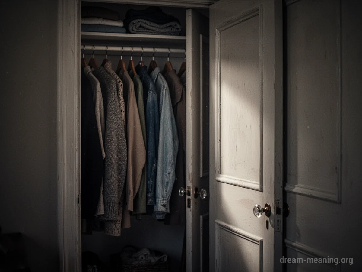 A dark closet interior with clothes on hangers.