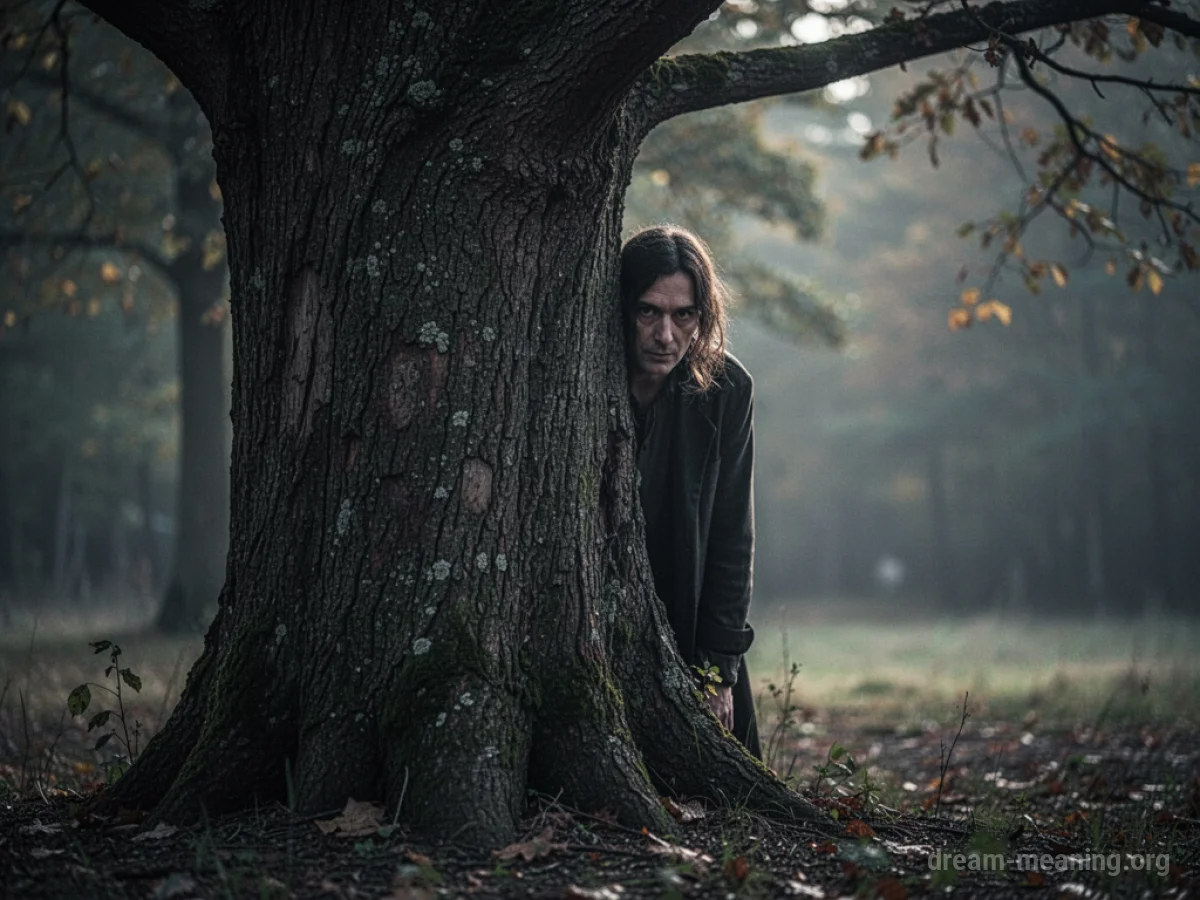 Silhouette of a person partially obscured by a tree trunk.