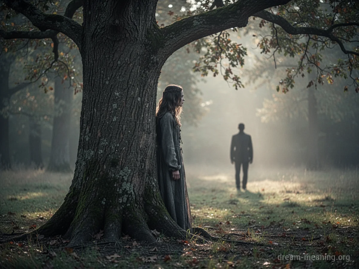 A person peeking out from behind a tree at another distant person.