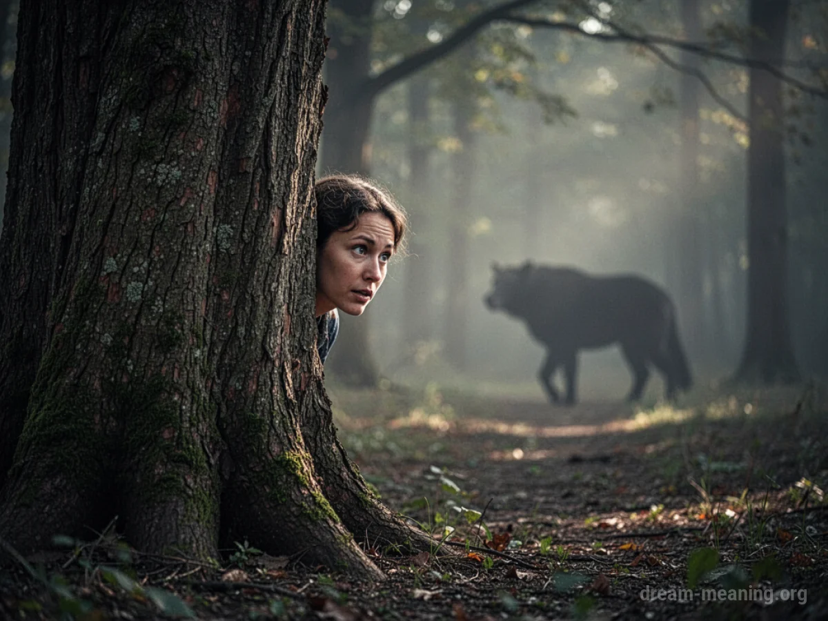 Silhouette of a person behind a tree looking at a shadowy animal shape.