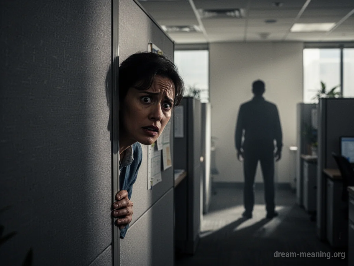 Person peeking from behind a cubicle wall towards a distant figure.