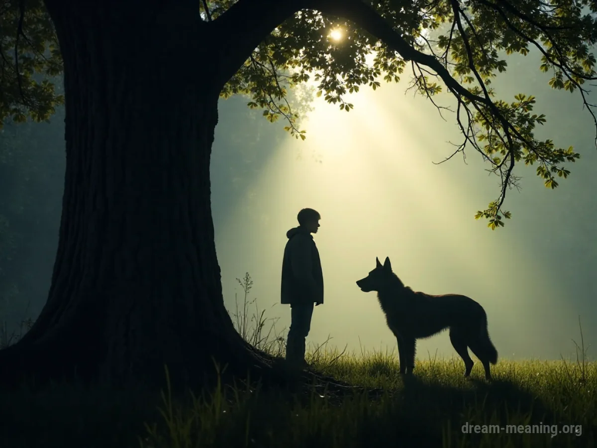 Silhouette of a person hiding behind a corner, looking at a distant dog.