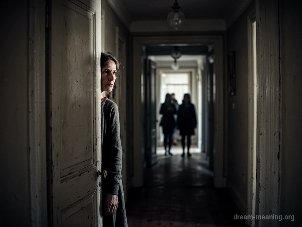 A person peeking from behind a door towards indistinct figures.