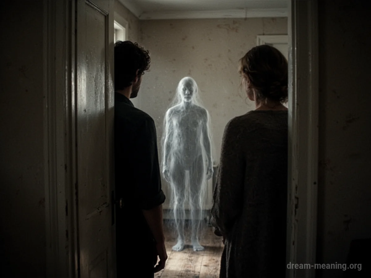 Silhouette of a person peeking into a dark room at a translucent figure.