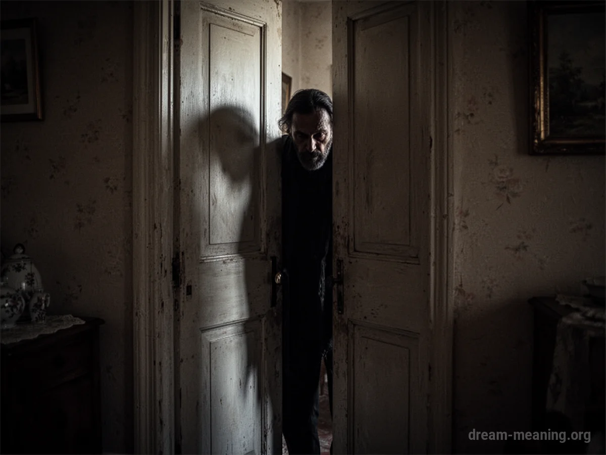 A dark silhouette stands behind a slightly ajar door.