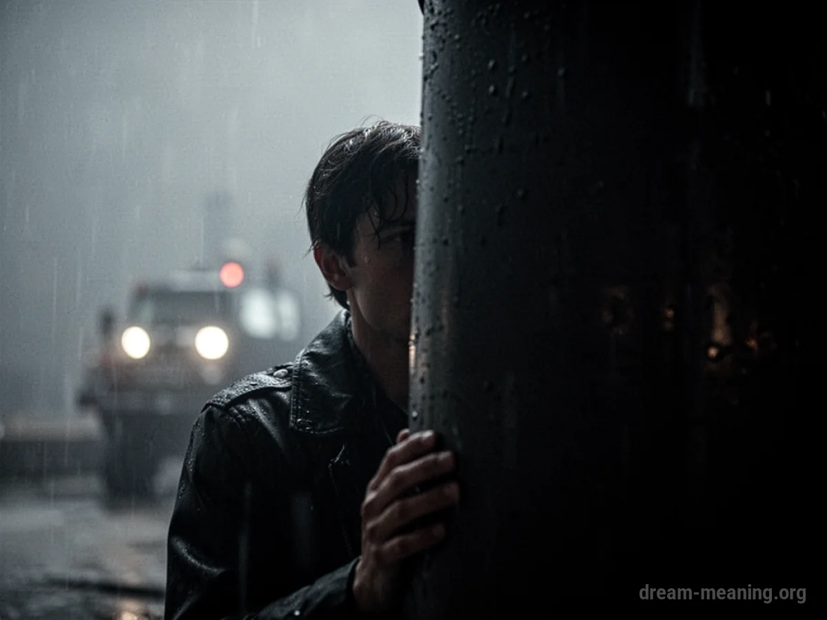 Silhouette of a person partially hidden behind a large object with distant flashing lights.