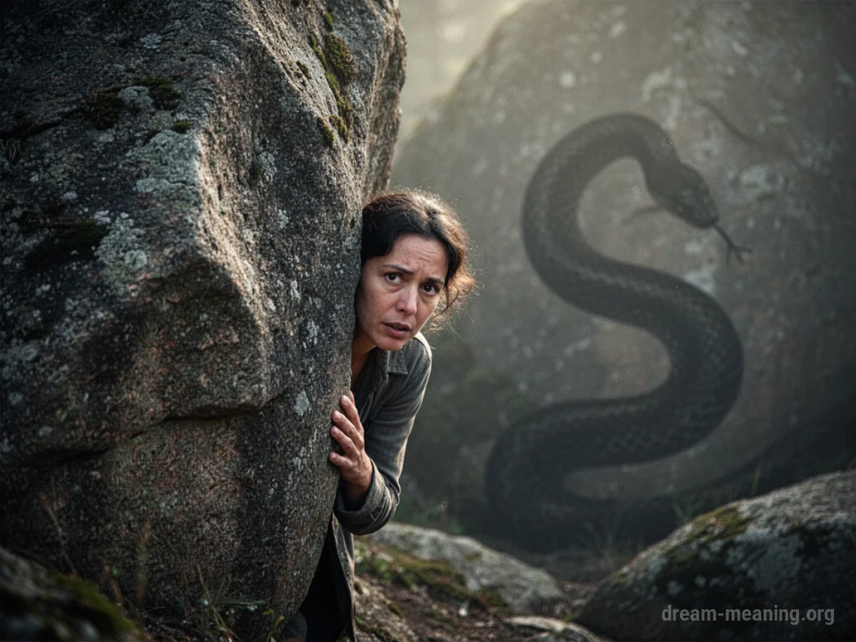 Person hiding behind a rock, snake in the distance.