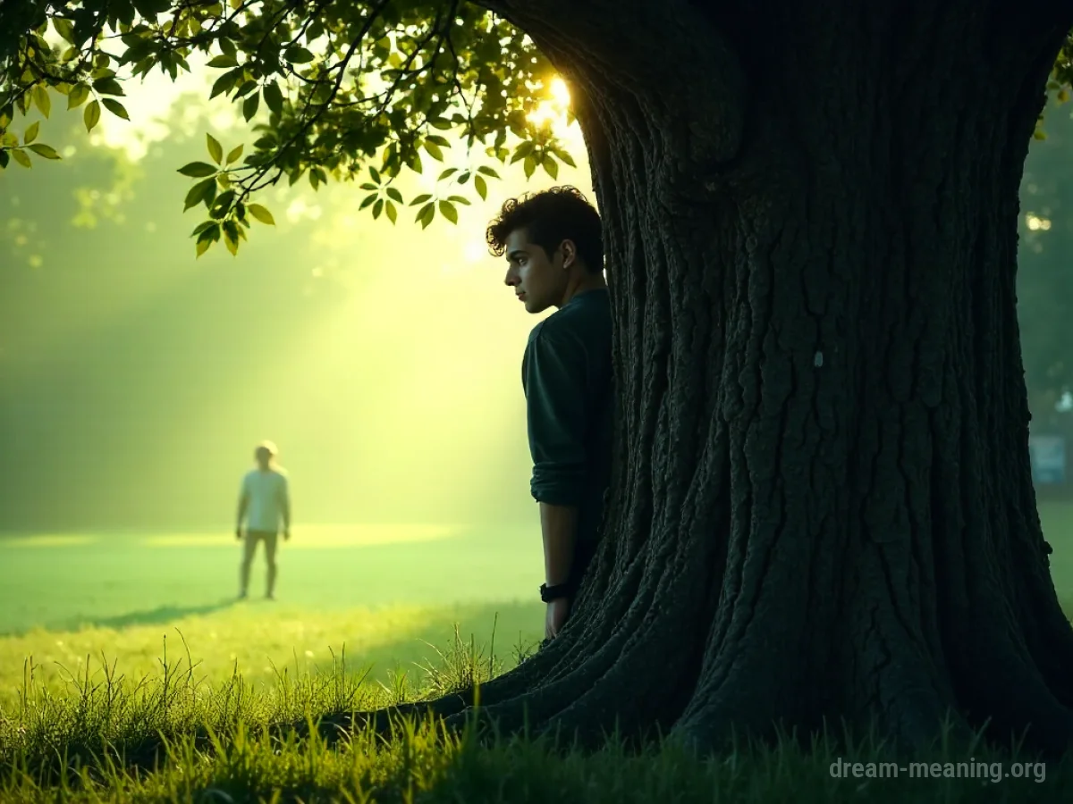 A person hiding behind a tree.