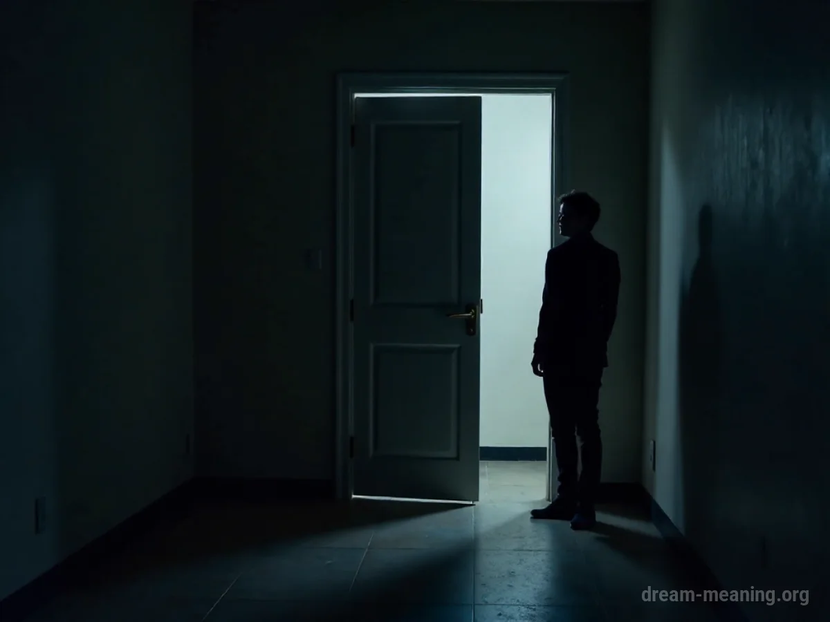 Silhouette of a person peeking from behind a doorway.