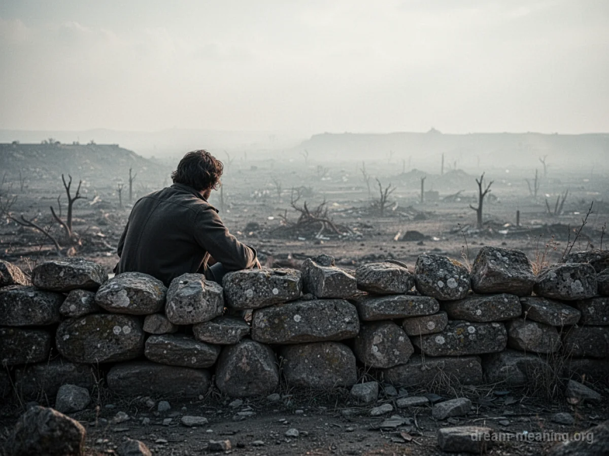 A person crouching low behind a wall, surveying a barren landscape.