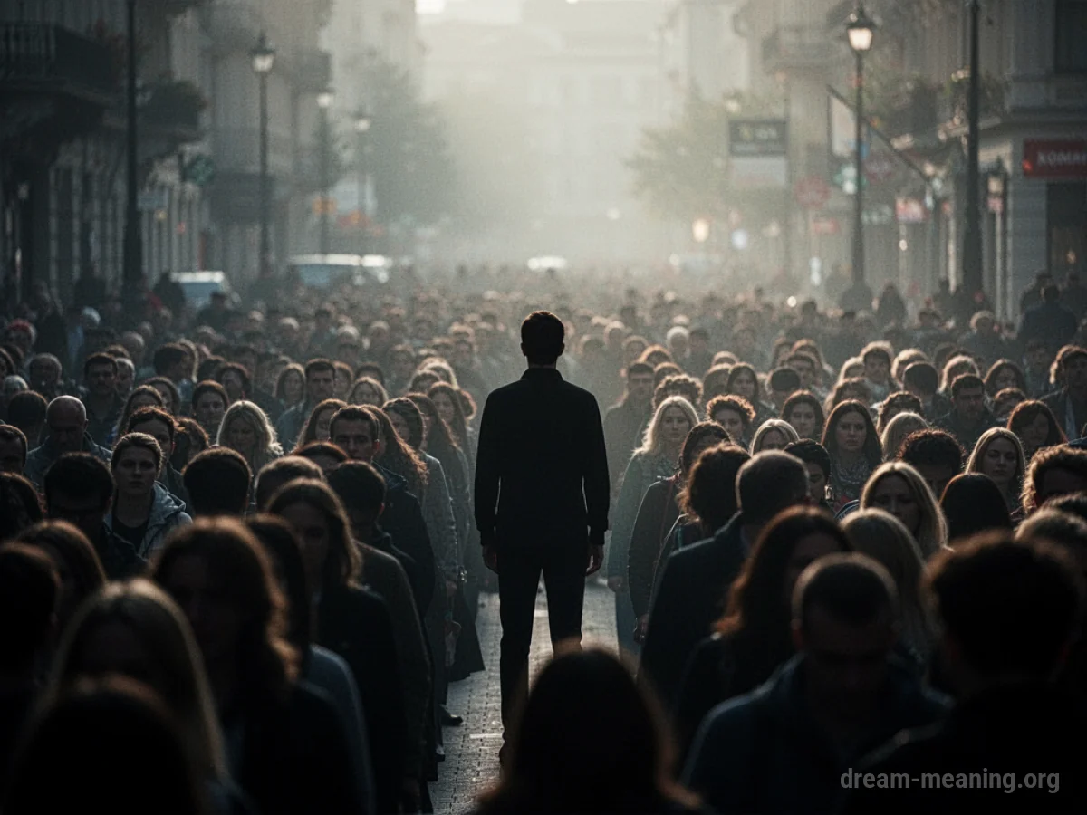 A lone silhouette figure at the edge of a large, blurred group of people.