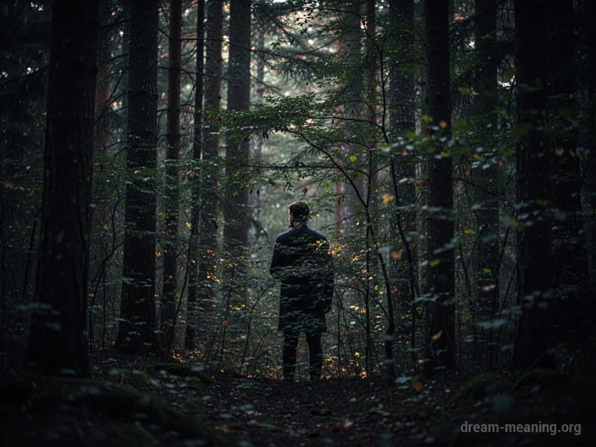 Silhouette of a person standing behind trees in a forest.