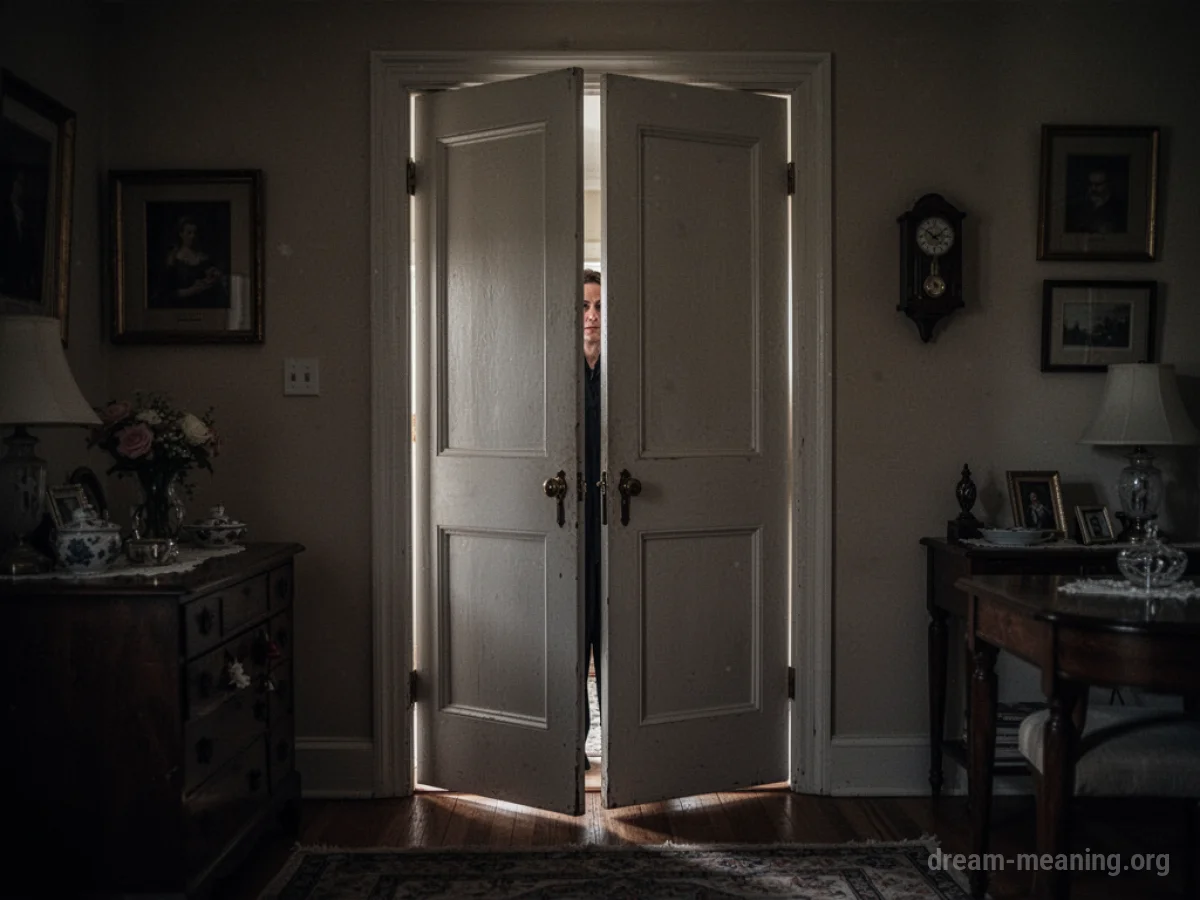 Silhouette of a person standing behind a slightly ajar door in a dimly lit room.