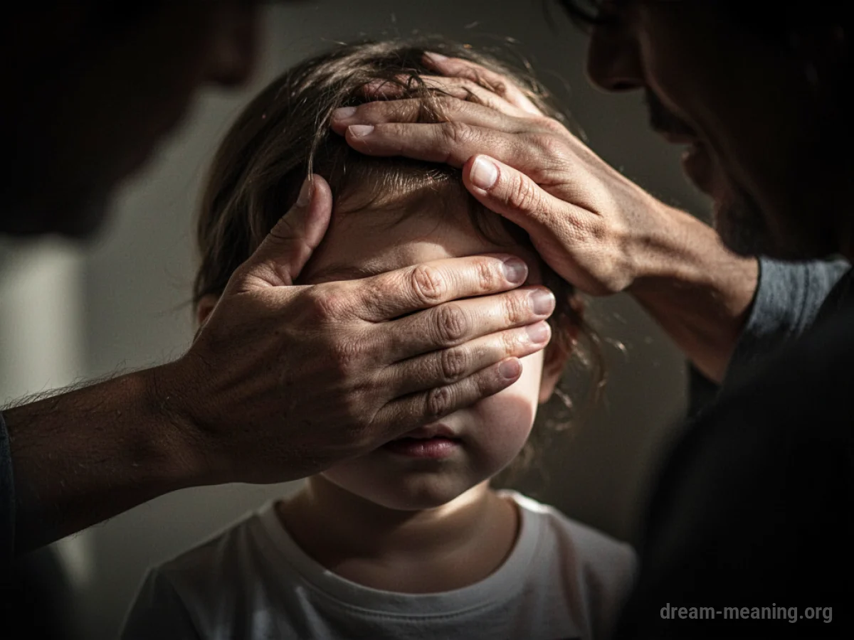 A parent's hand covering a child's face in a dimly lit setting.