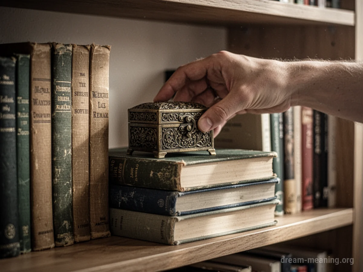 A hand places a box behind books on a shelf.