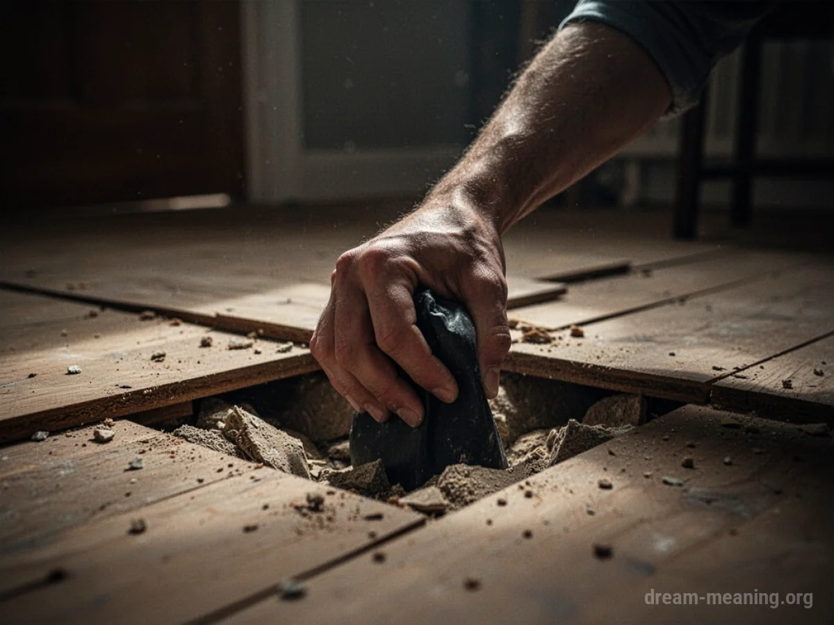 A hand concealing a dark object under floorboards.