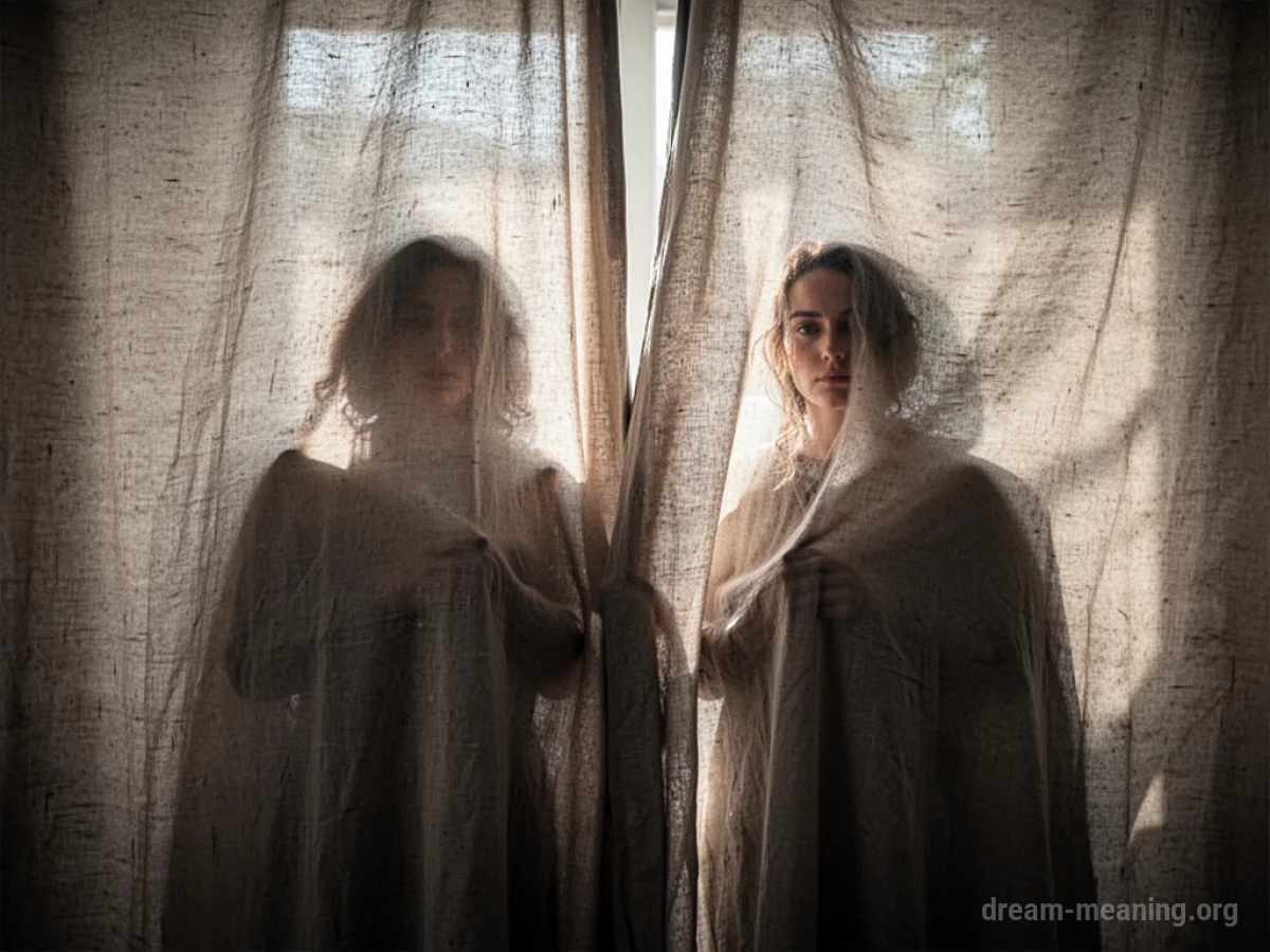 Two silhouettes partially hidden behind a large piece of fabric.
